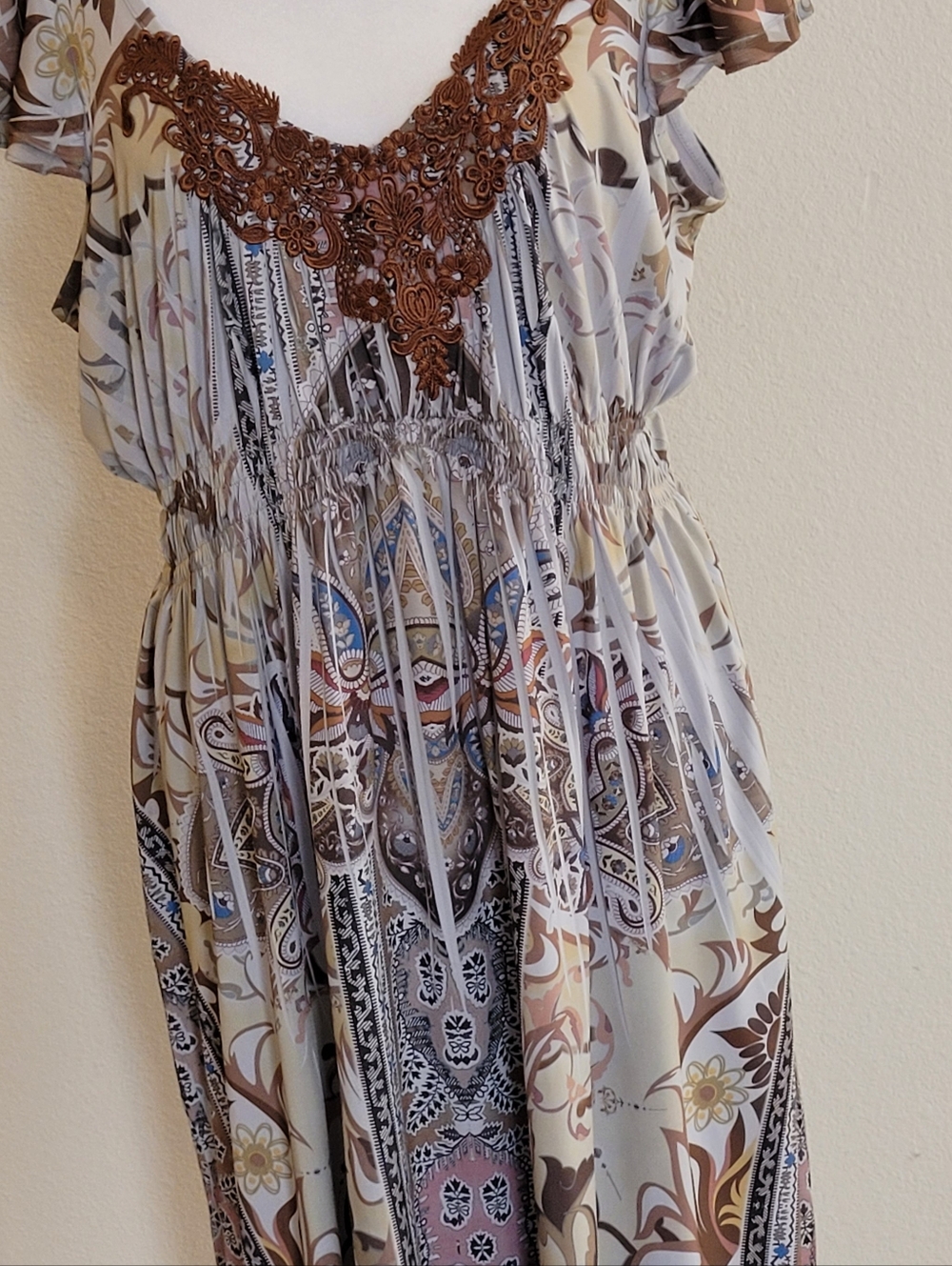 United Colors Of Benetton Blue Trim Brown Cream Printed Blouse